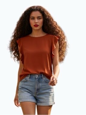 Aritzia Babaton Carter Blouse | Rust Terracotta Ruffle Sleeve Top - Size M